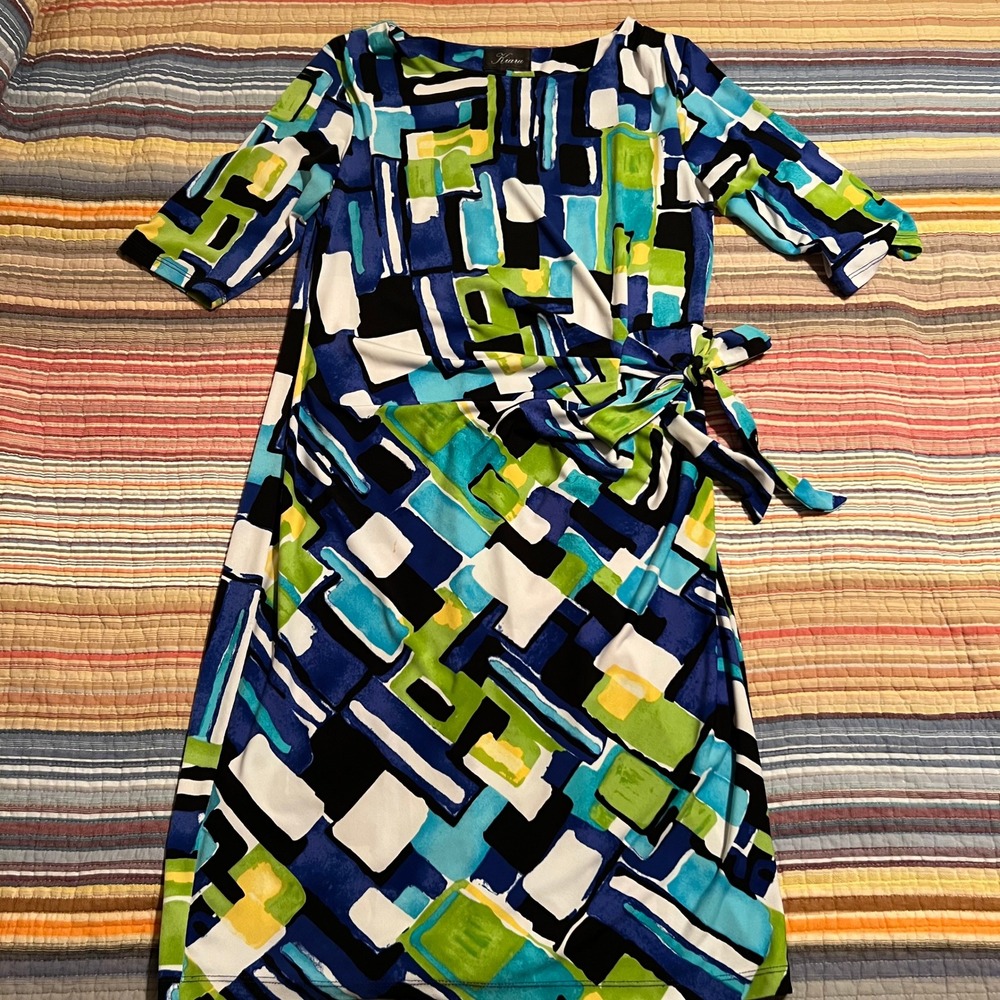 Kiara Women's Abstract Print 3/4 Sleeve Tie Waist Midi Dress Blue Green Size S